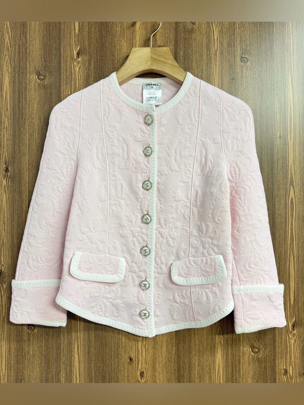 CHANEL Light Pink Quilted Collarless Jacket with White Trim